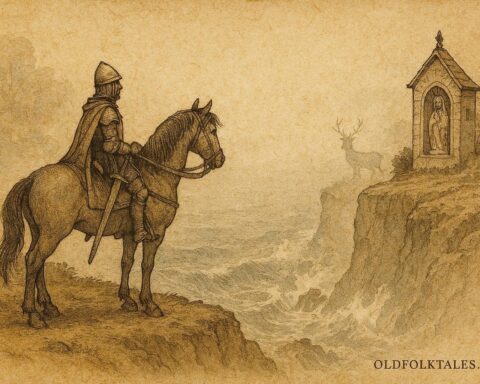 An artwork of Portuguese knight saved at Nazaré cliff, Marian miracle legend.