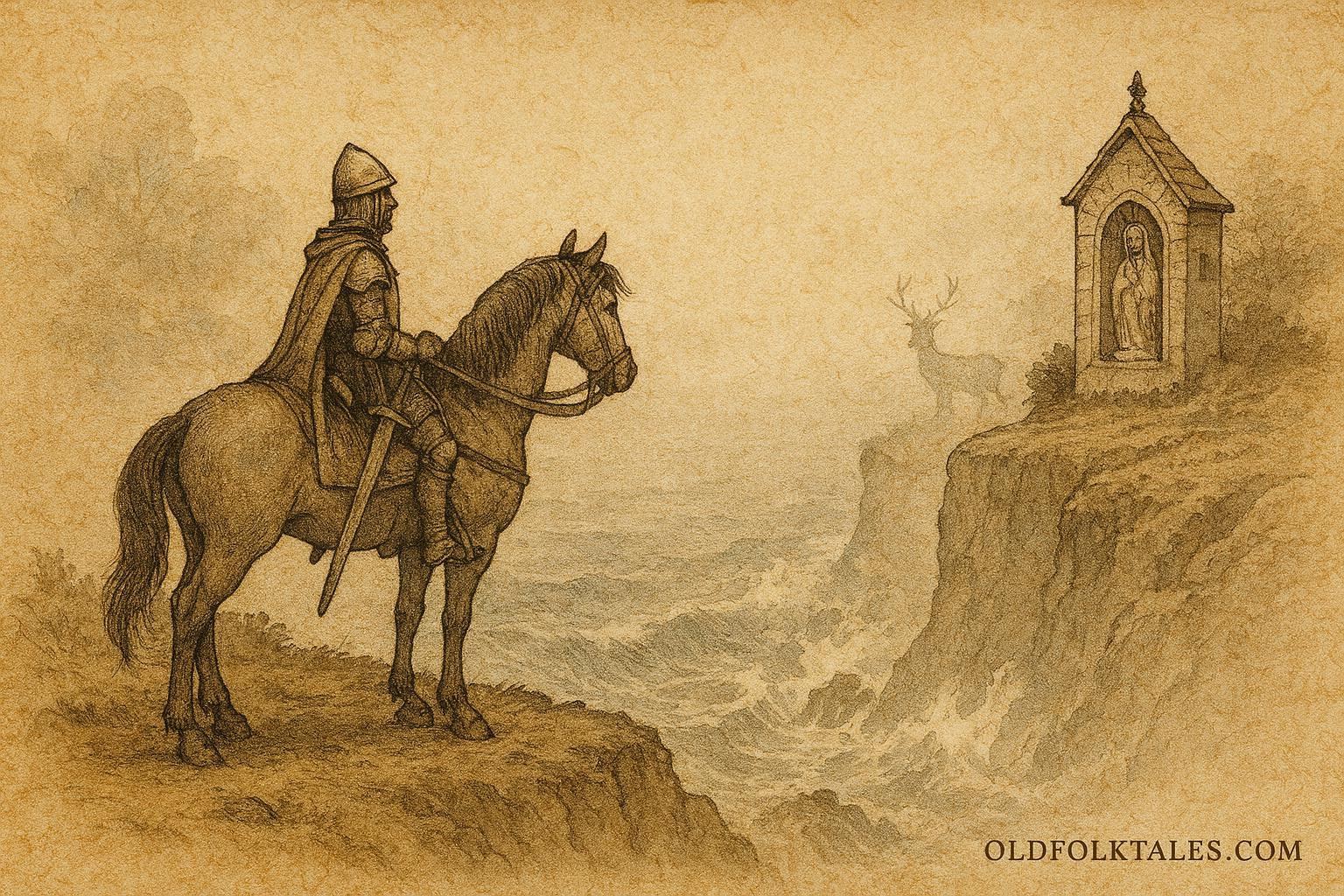 An artwork of Portuguese knight saved at Nazaré cliff, Marian miracle legend.