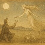 An illustration of András reaching toward the glowing Moon Maiden in a Hungarian moonlit meadow.
