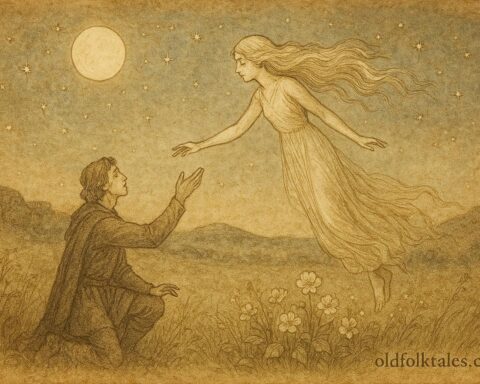 An illustration of András reaching toward the glowing Moon Maiden in a Hungarian moonlit meadow.