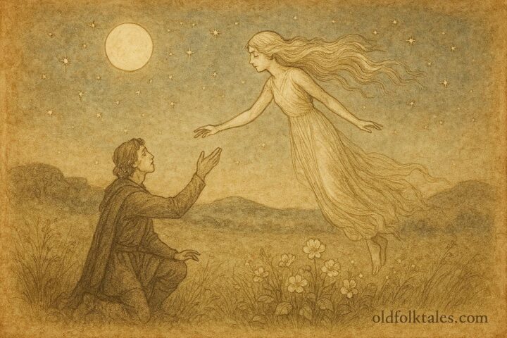An illustration of András reaching toward the glowing Moon Maiden in a Hungarian moonlit meadow.
