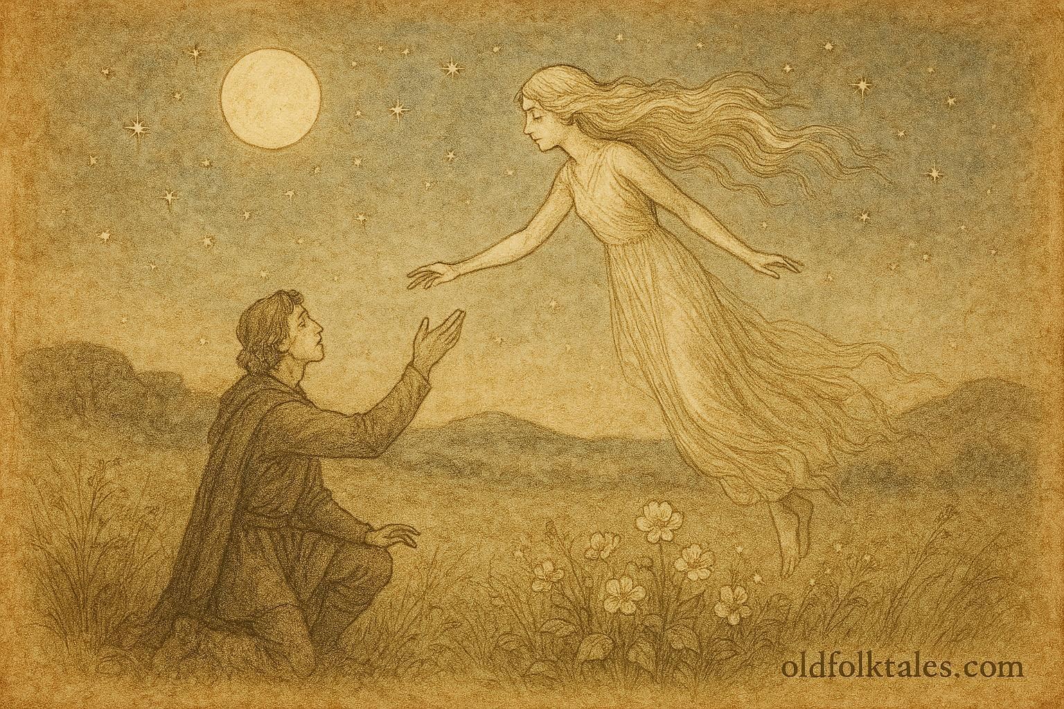 An illustration of András reaching toward the glowing Moon Maiden in a Hungarian moonlit meadow.