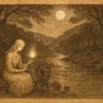 Parchment-style illustration of moonlit river spirit spinning silver thread, Luxembourg folklore.