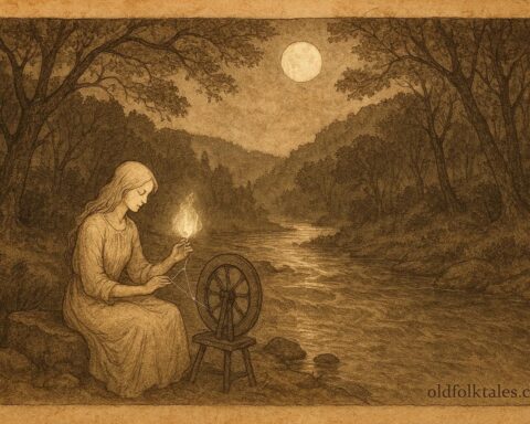 Parchment-style illustration of moonlit river spirit spinning silver thread, Luxembourg folklore.