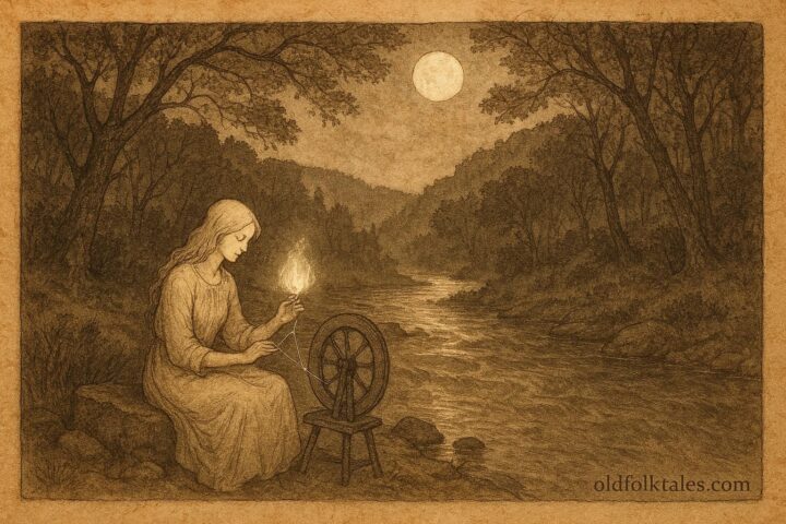 Parchment-style illustration of moonlit river spirit spinning silver thread, Luxembourg folklore.