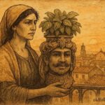 An illustration of Sicilian woman with Moor’s head basil planter.