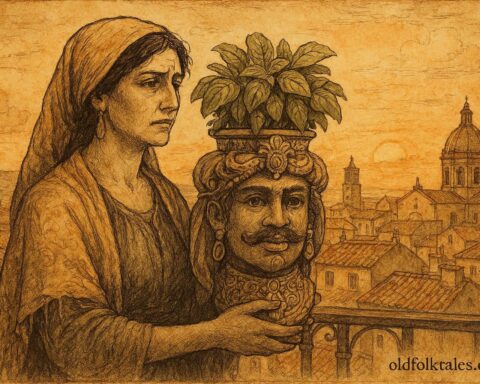 An illustration of Sicilian woman with Moor’s head basil planter.