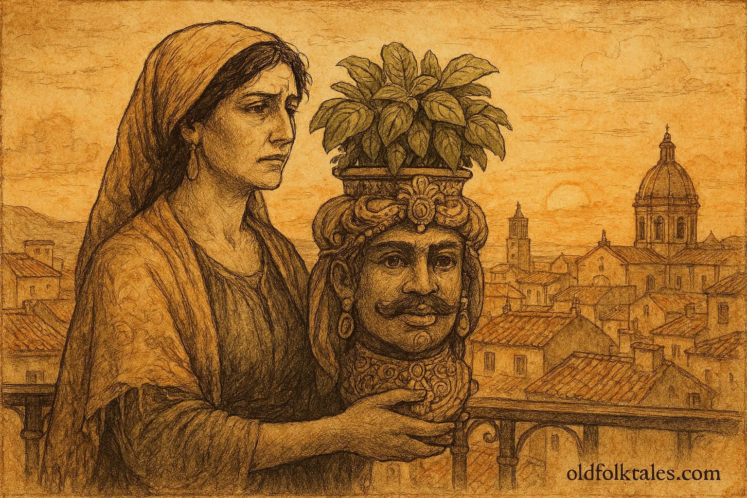 An illustration of Sicilian woman with Moor’s head basil planter.
