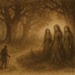 An artwork of moss maidens in Veluwe forest, Dutch folktale scene.