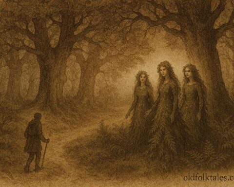 An artwork of moss maidens in Veluwe forest, Dutch folktale scene.