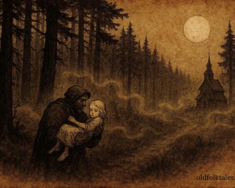 n artwork of traveler carrying myling spirit through Swedish forest at night.