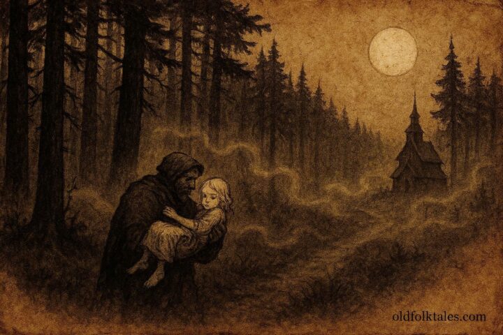 n artwork of traveler carrying myling spirit through Swedish forest at night.
