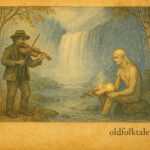 An artwork of Swedish fiddler meeting Näcken by forest waterfall.