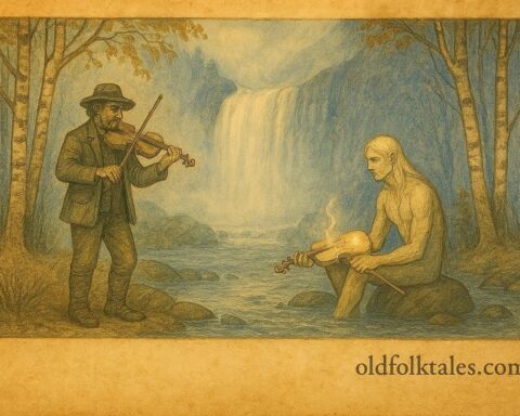 An artwork of Swedish fiddler meeting Näcken by forest waterfall.