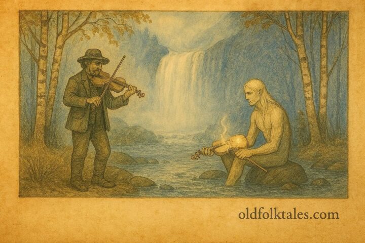 An artwork of Swedish fiddler meeting Näcken by forest waterfall.