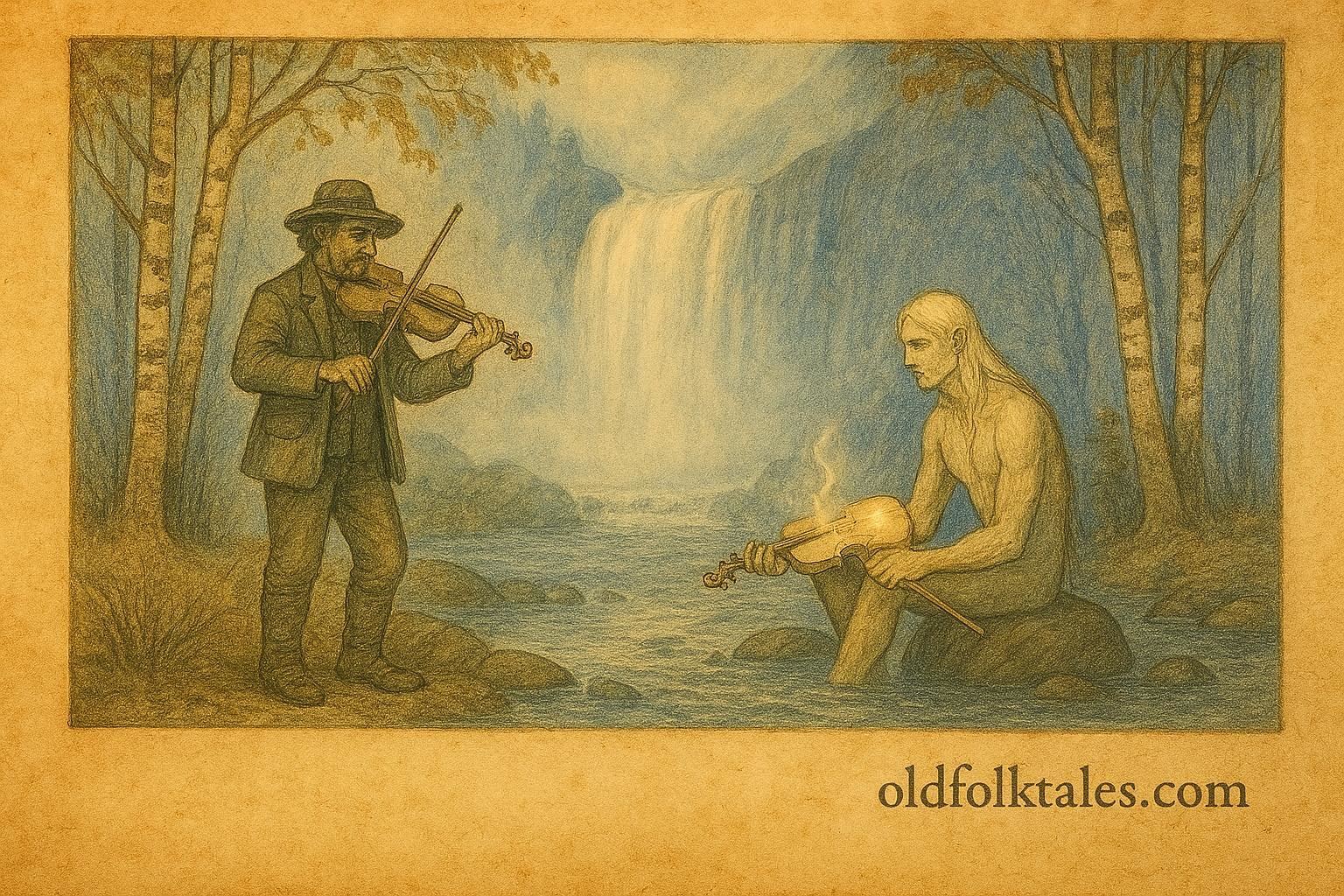 An artwork of Swedish fiddler meeting Näcken by forest waterfall.