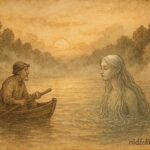 An illustration of the Nix guiding a humble fisherman on the Danube, Austrian folktale scene.