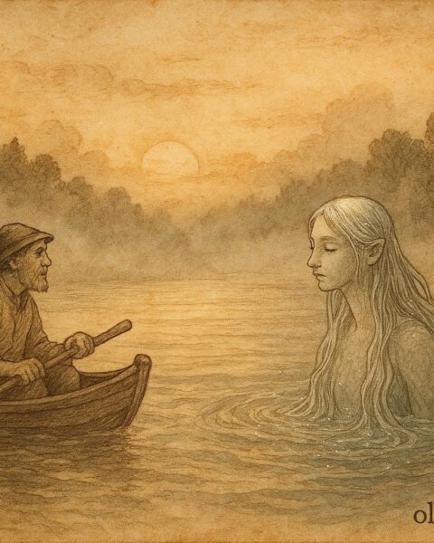 An illustration of the Nix guiding a humble fisherman on the Danube, Austrian folktale scene.