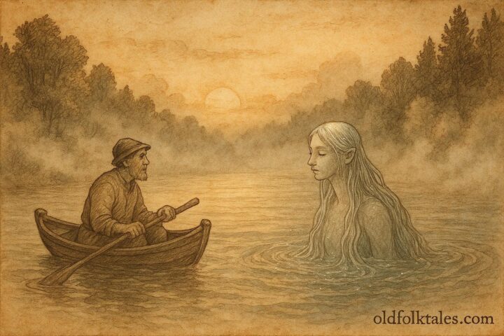 An illustration of the Nix guiding a humble fisherman on the Danube, Austrian folktale scene.