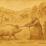 An illustration of old woman and stubborn pig at Norwegian countryside stile.