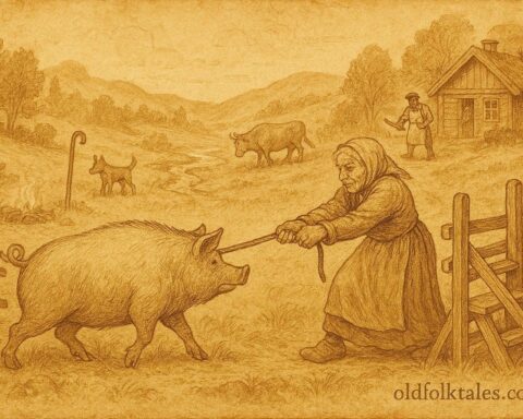 An illustration of old woman and stubborn pig at Norwegian countryside stile.
