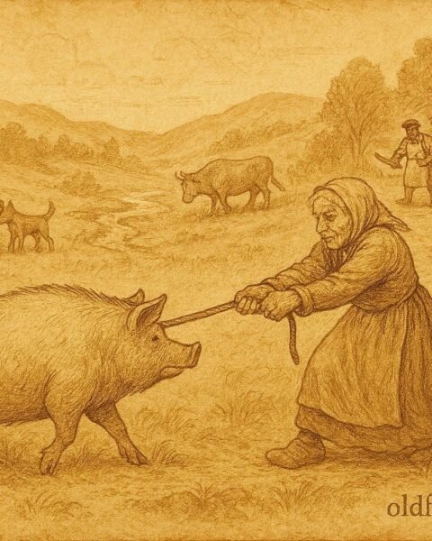 An illustration of old woman and stubborn pig at Norwegian countryside stile.