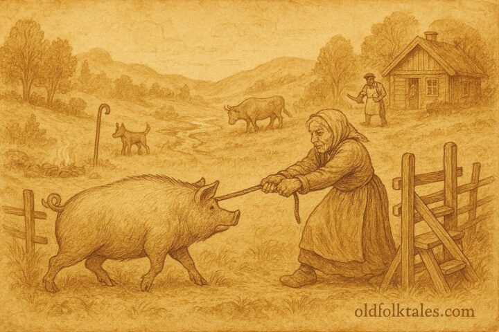 An illustration of old woman and stubborn pig at Norwegian countryside stile.