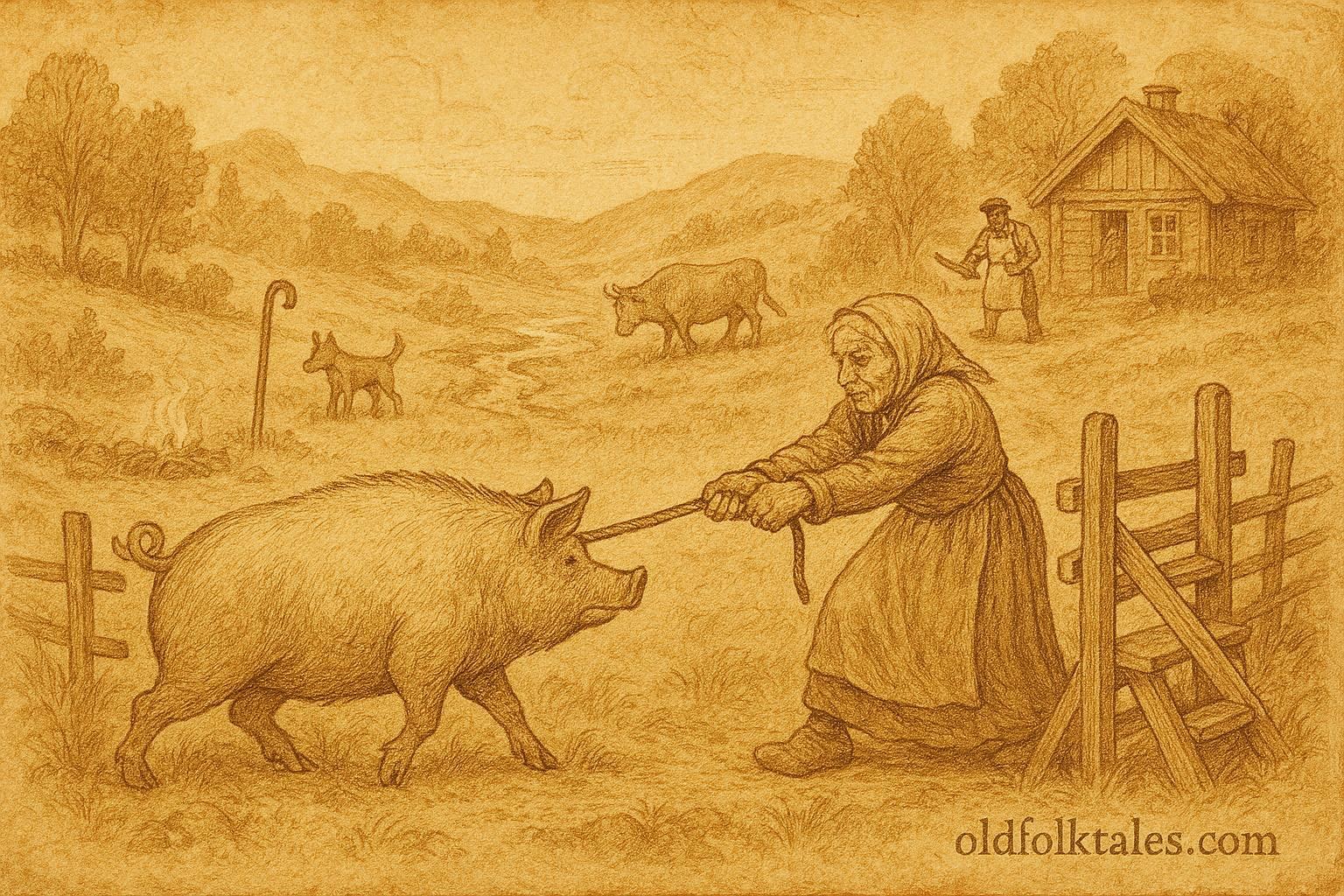 An illustration of old woman and stubborn pig at Norwegian countryside stile.