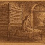 An illustration of princess on towering mattress bed, Norwegian folktale scene.