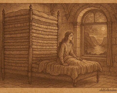 An illustration of princess on towering mattress bed, Norwegian folktale scene.