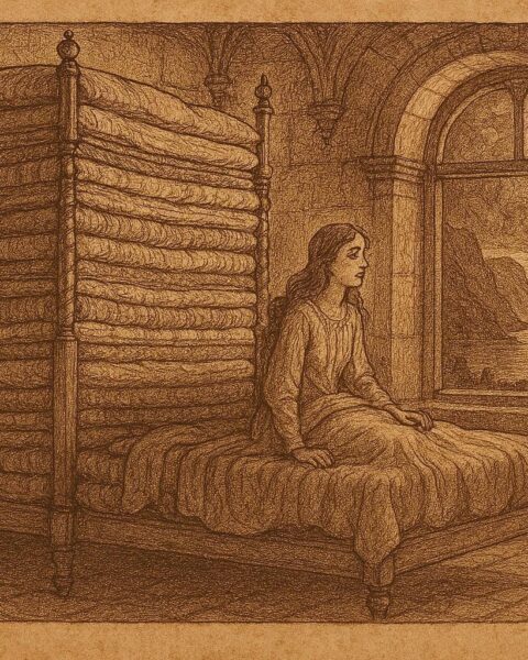 An illustration of princess on towering mattress bed, Norwegian folktale scene.