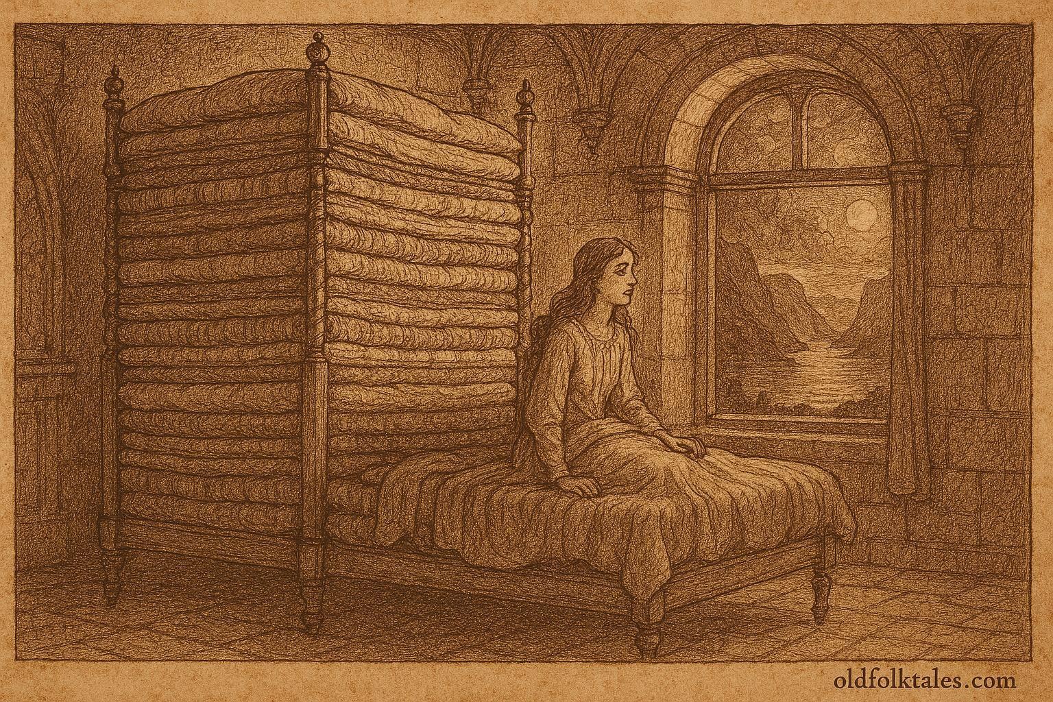 An illustration of princess on towering mattress bed, Norwegian folktale scene.