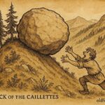 An illustration of the Rock of the Caillettes rolling toward a greedy shepherd, Swiss Jura folktale scene.