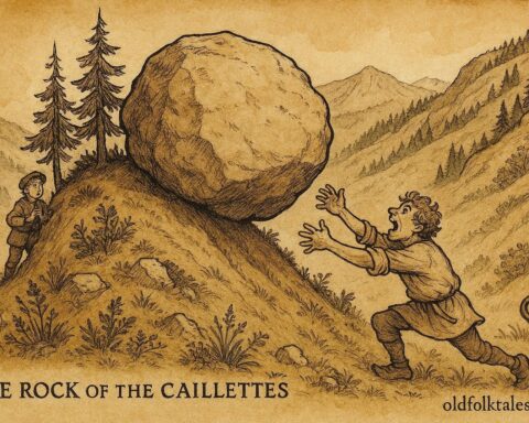 An illustration of the Rock of the Caillettes rolling toward a greedy shepherd, Swiss Jura folktale scene.