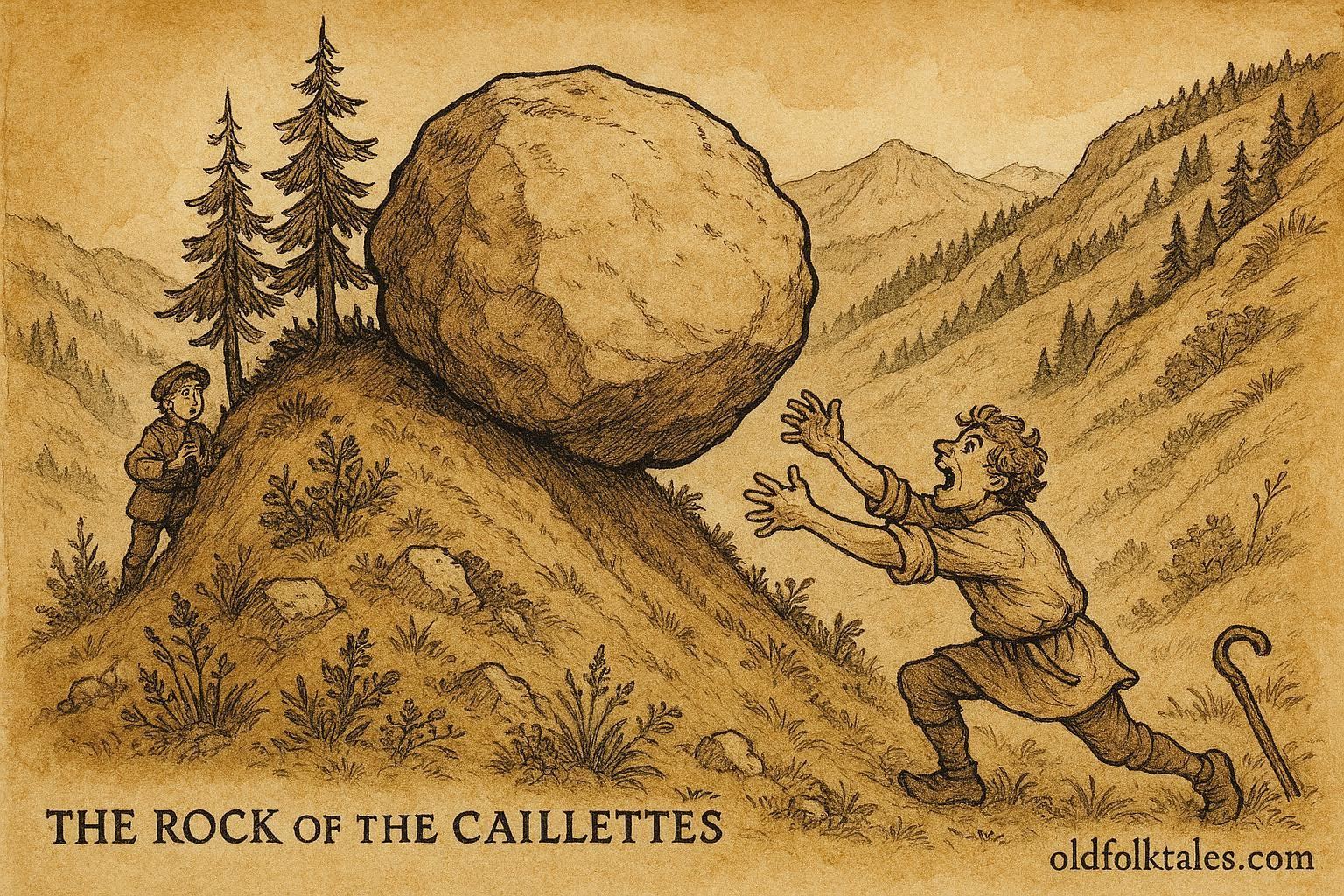 An illustration of the Rock of the Caillettes rolling toward a greedy shepherd, Swiss Jura folktale scene.