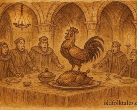 An illustration of the Rooster of Barcelos crowing in a Portuguese folktale court scene.