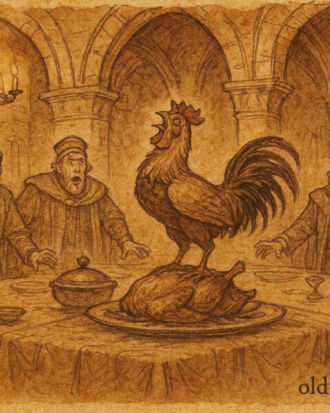 An illustration of the Rooster of Barcelos crowing in a Portuguese folktale court scene.