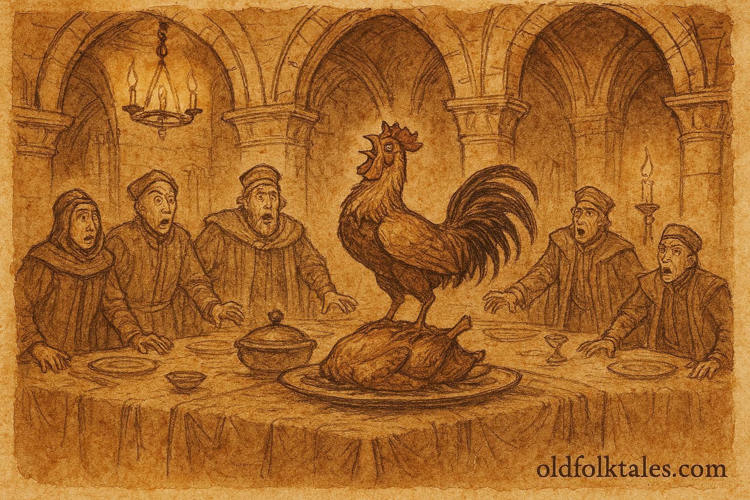 An illustration of the Rooster of Barcelos crowing in a Portuguese folktale court scene.