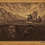 An illustration of Swedish fishermen and sea troll storm off Bohuslän coast.