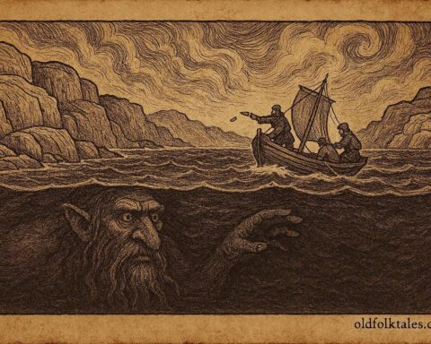An illustration of Swedish fishermen and sea troll storm off Bohuslän coast.