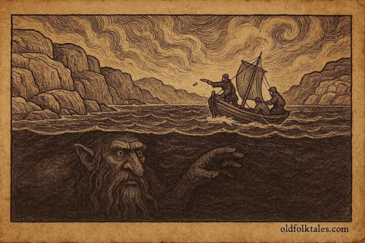 An illustration of Swedish fishermen and sea troll storm off Bohuslän coast.