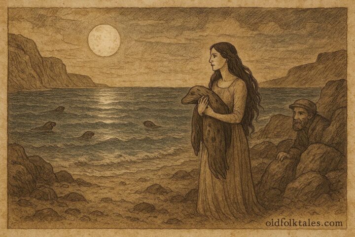 Parchment-style illustration of a selkie woman returning to the sea, Scandinavian folklore scene.