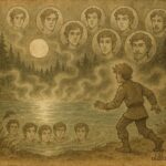 Parchment-style artwork of Lars freeing brothers from magical bubbles in a Swedish forest lake.