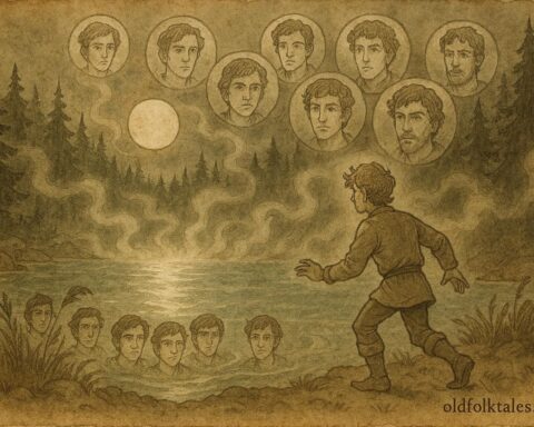 Parchment-style artwork of Lars freeing brothers from magical bubbles in a Swedish forest lake.