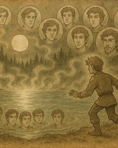 Parchment-style artwork of Lars freeing brothers from magical bubbles in a Swedish forest lake.