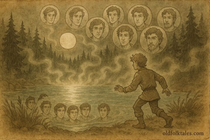 Parchment-style artwork of Lars freeing brothers from magical bubbles in a Swedish forest lake.