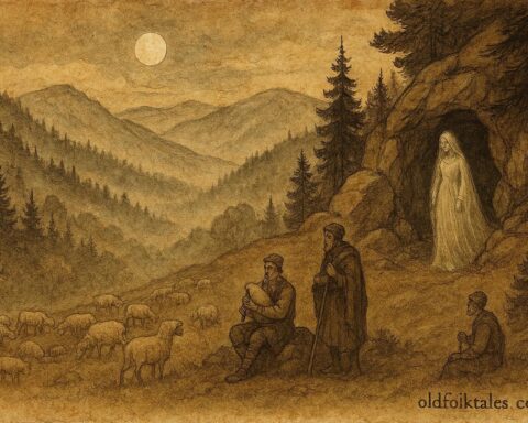 Parchment-style art of Rhodope bride spirit and Bulgarian bagpiper.