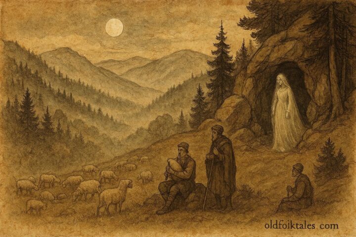 Parchment-style art of Rhodope bride spirit and Bulgarian bagpiper.