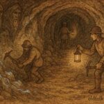 An artwork of miners uncovering silver as mountain spirits watch in Sweden.