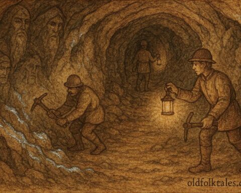 An artwork of miners uncovering silver as mountain spirits watch in Sweden.